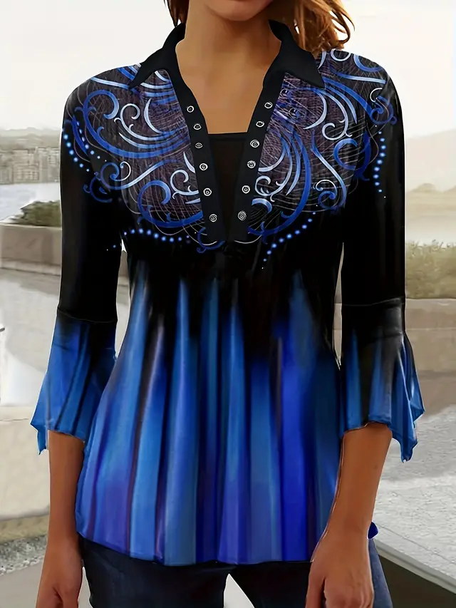 Spring And Autumn New Printed Lapel Blue Three quarter Sleeve T shirt Irregular Cuff Button Top - Shop at LoveMi
