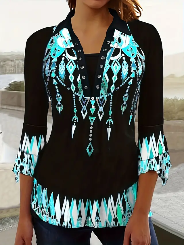 Spring Autumn New Printed Lapel Green Three Quarter Sleeve T Shirt Irregular Cuff Stud Button Top - Shop at LoveMi