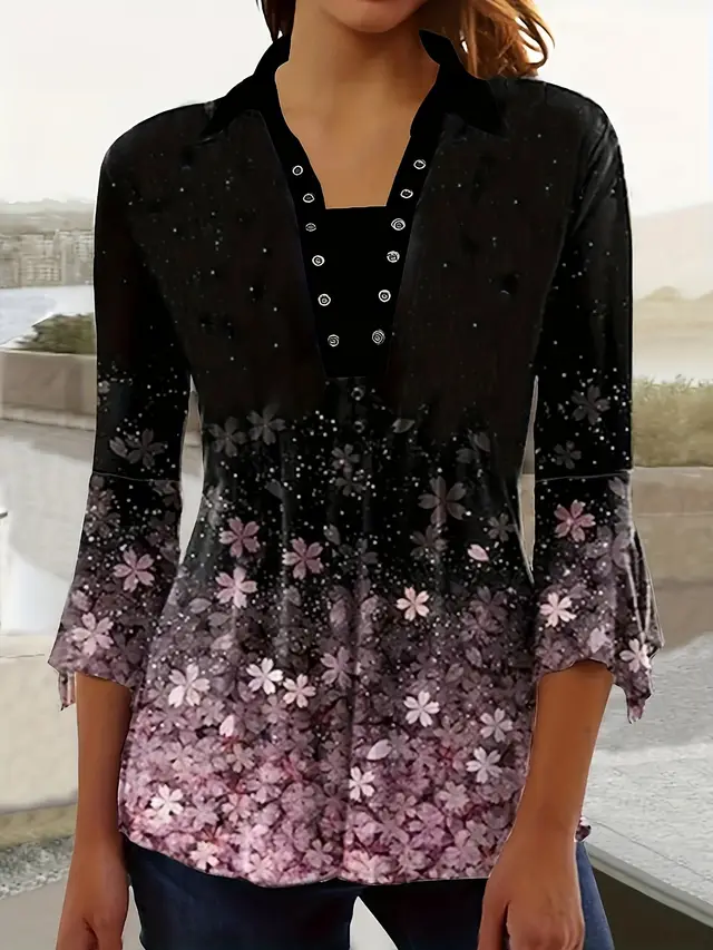 Spring And Autumn New Printed Lapel Three quarter Sleeve T shirt Irregular Cuff Button Top - Shop at LoveMi