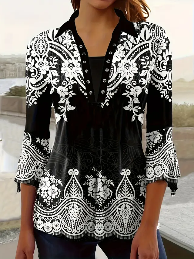 Spring Autumn New Printed Lapel Three quarter Sleeve T shirt Irregular Cuff Button Top - Shop at LoveMi