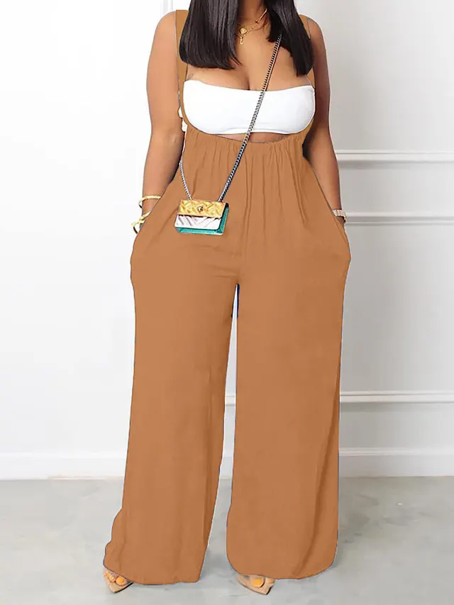 Plus Size Solid Color Pocket Overalls Casual Women's Pants Khaki - Shop at LoveMi