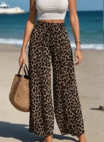 Women's Plus Size Leopard Print Wide Leg Pants - Elastic Waist, Loose Fit Casual Straight Leg Trousers For Spring Summer Fall, Lightweight Polyeste...