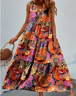 Bohemian Plus Size Dresses Loose Round Neck Ruffle Big Swing Print Spring Summer Casual Sleeveless Hem - 0Xl