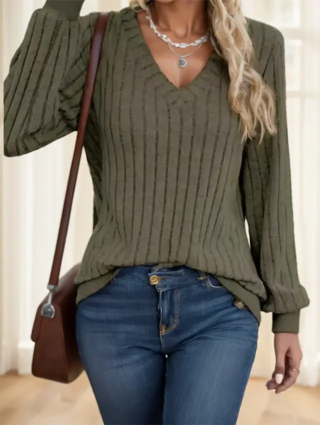Casual V Neck Knit Fabric Long Sleeve T Shirt For Women In Solid Colo Green - Shop at LoveMi