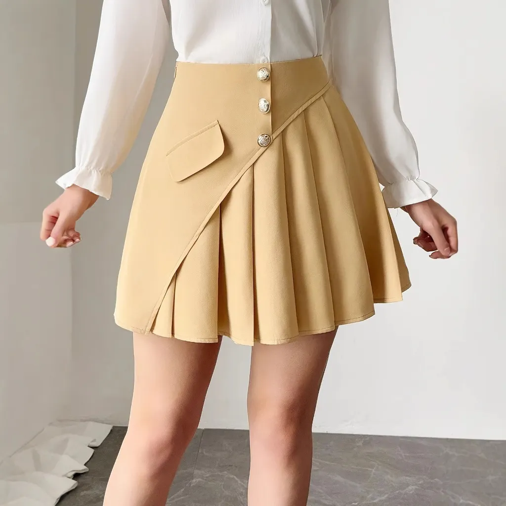 Solid Color Pleated Front Button Design, Women's Temperament Commuting A-line Skirt - Khaki