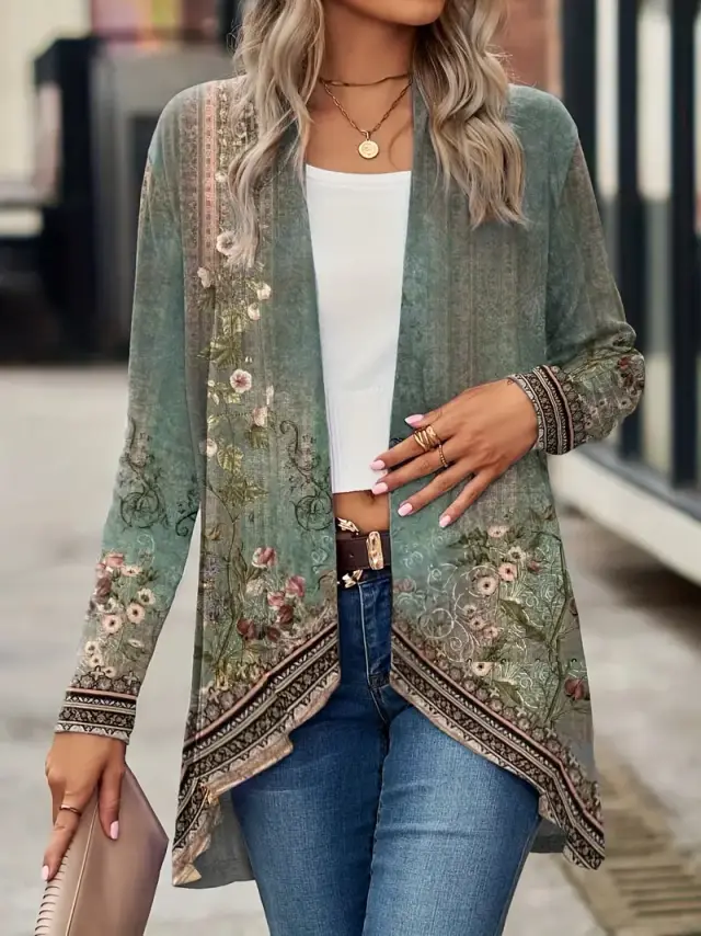 Spring And Autumn New Women's Top Printed Cardigan Casual Long Sleeve Light Jacket Green Green - Shop at LoveMi