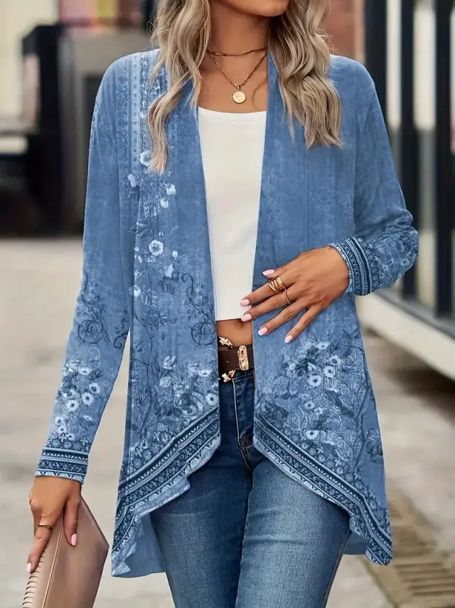 Spring And Autumn New Women's Top Printed Cardigan Casual Long Sleeve Light Jacket Blue Blue - Shop at LoveMi