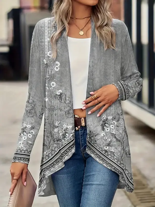 Spring And Autumn New Women's Top Printed Cardigan Casual Long Sleeve Light Jacket Gray Gray - Shop at LoveMi