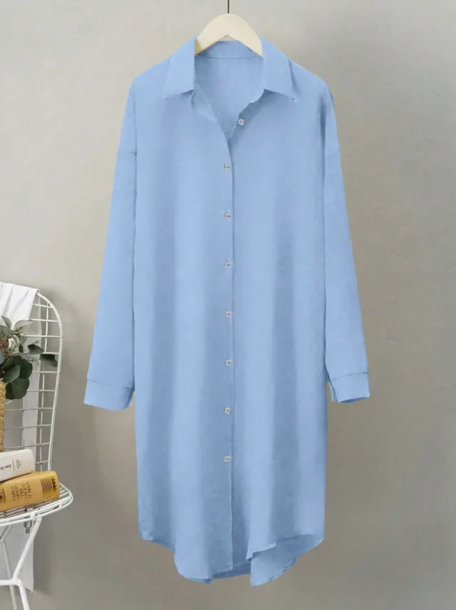 Pleated Long Button Down Dropped Shoulder Women Shirt Blue - Shop at LoveMi