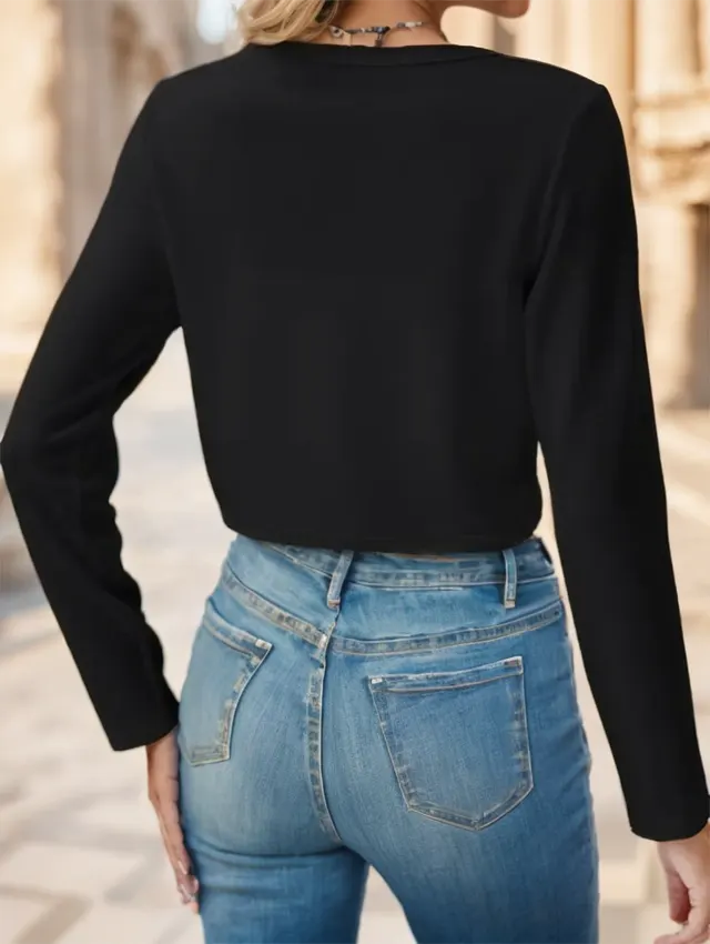 Solid Color Open Front Crop Jacket Black - Shop at LoveMi