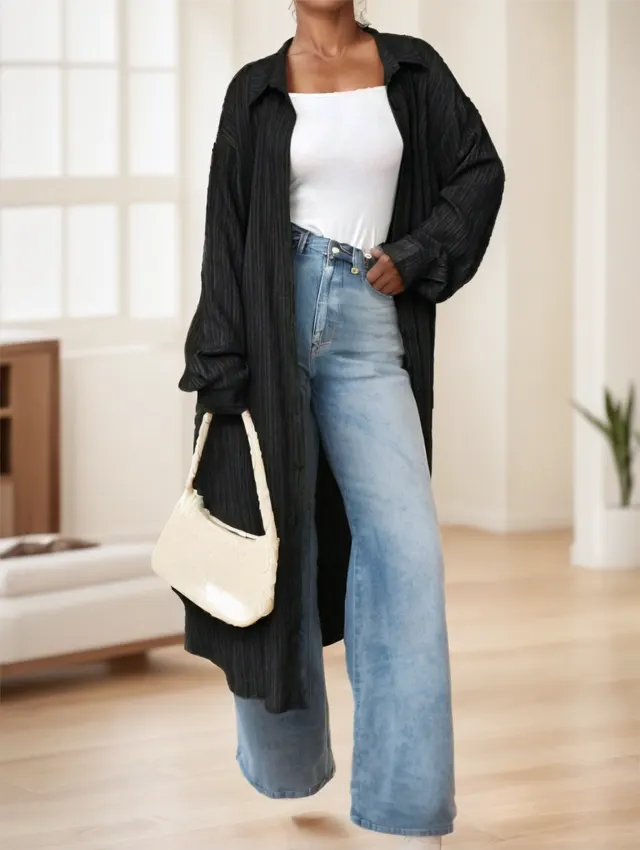 Long Textured Casual Work Shirt,Long Sleeve Tops Black - Shop at LoveMi