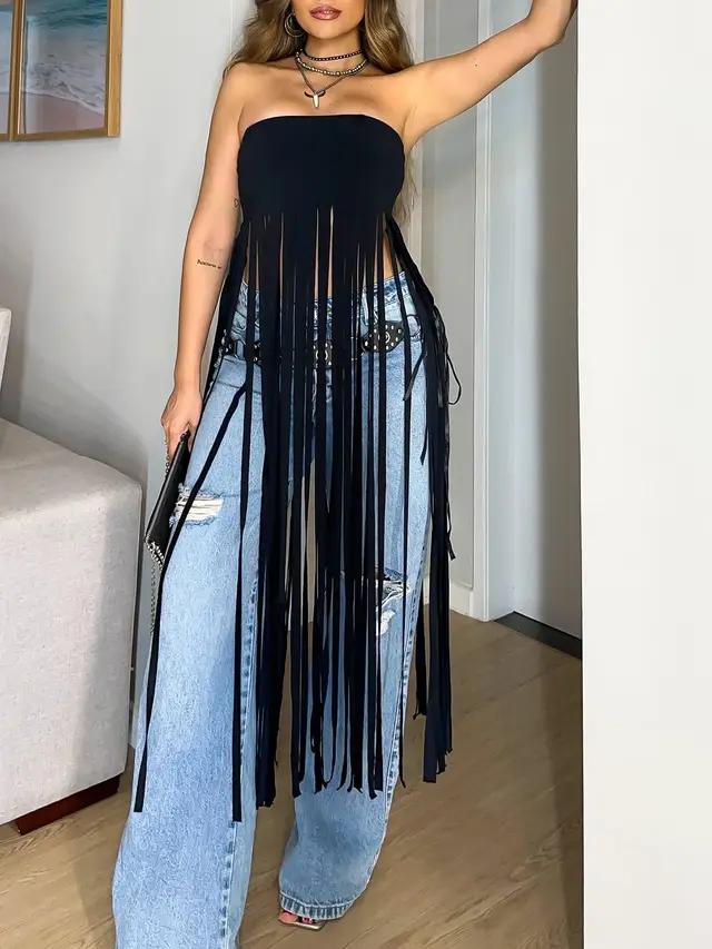 Black Bandeau Fringe Top Black - Shop at LoveMi