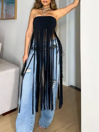 Black Bandeau Fringe Top - Black