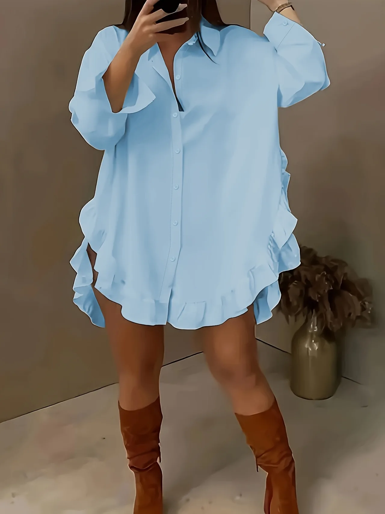 Women's Plus Size Casual Shirt With Ruffle Hem, Solid Color, Woven Polyester, Non-Stretch, Pointed Collar, Button Front, For All Seasons - Light Blue