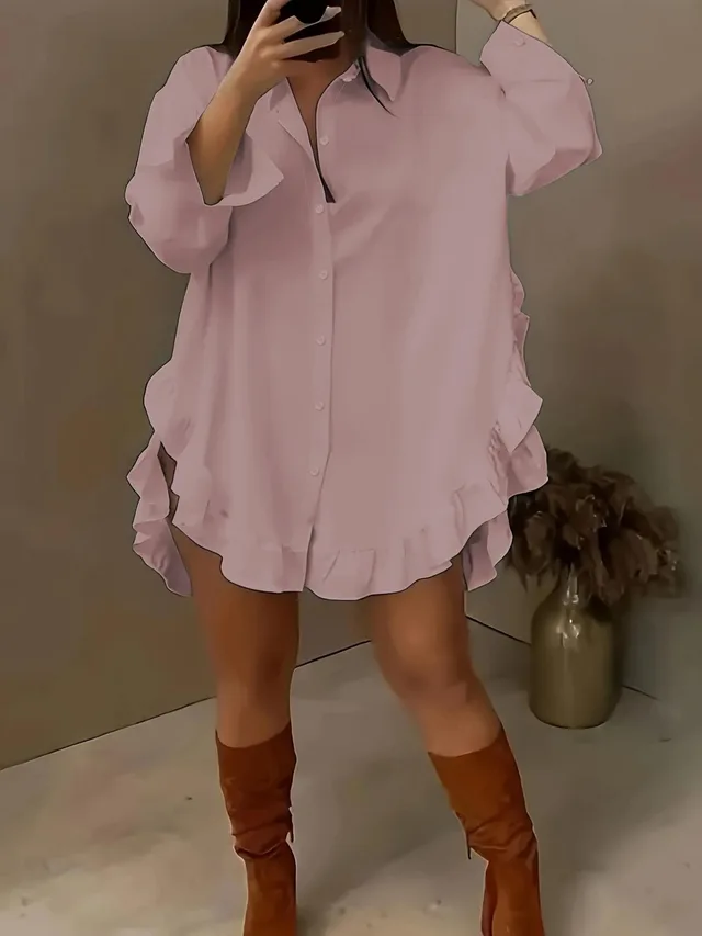 Women's Plus Size Casual Shirt With Ruffle Hem, Solid Color, Woven Polyester, Non Stretch, Pointed Collar, Button Front, For All Seasons Pink - Shop at LoveMi