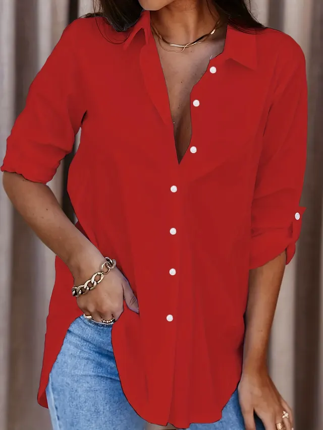 Plus Size Solid Color Shirt Buttons White Black Red Red - Shop at LoveMi