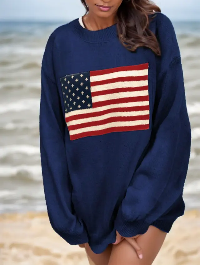 Usa Flag Design Drop Shoulder Sweater,Long Sleeve Tops Blue - Shop at LoveMi