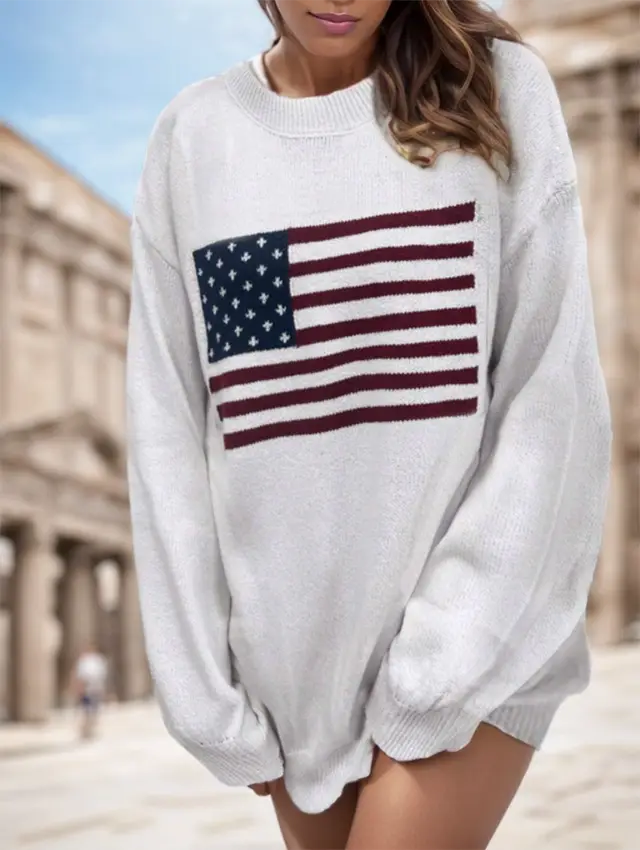 Usa Flag Design Drop Shoulder Sweater,Long Sleeve Tops White - Shop at LoveMi