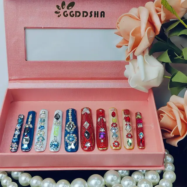 GGddsha Long Handmade PMMA Acrylic Nails With MultiColor Strap Stars Rhinestones Butterfly Design Reusable FullCoverage False Nails Ladies False Na... - Shop at LoveMi