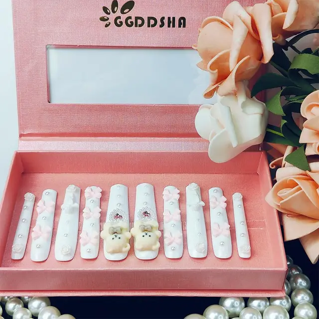 GGddsha White Long Nails With Cute Bear Rose Bow DesignReusable PMMA Acrylic Handmade Nails Full Deluxe 3D FakeNails With Pearls W Box Ladies Gift,... Default - Shop at LoveMi