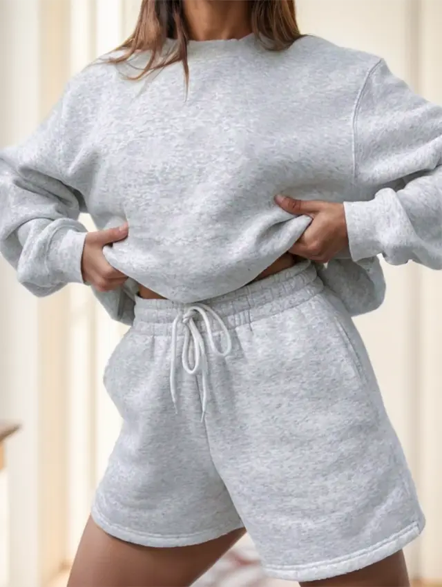 Ladies' Plain And Simple Daily Wear Long Sleeve Shorts Set Grey - Shop at LoveMi