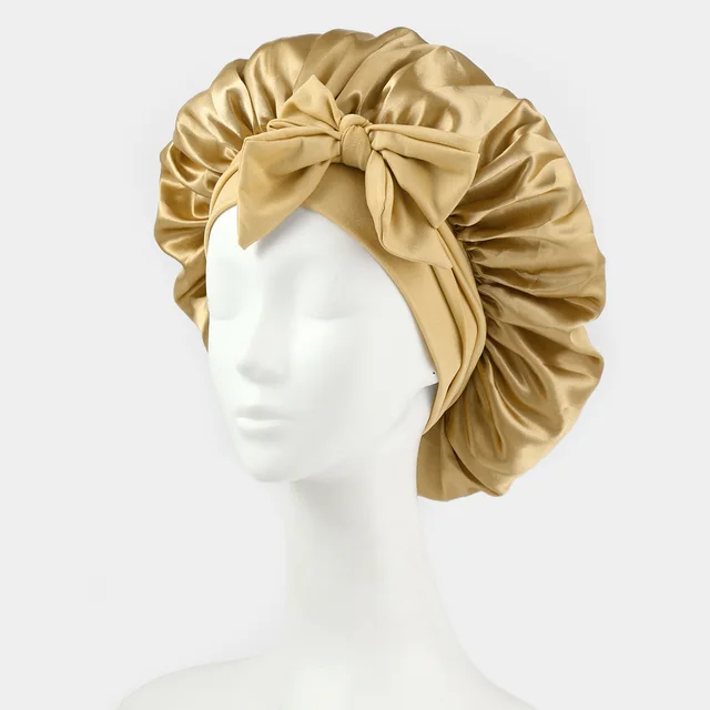 Silk Bonnet For Sleeping Women Satin Bonnet Double Layer Satin Lined Hair Bonnet With Tie Band Curly Hair Gold - Shop at LoveMi