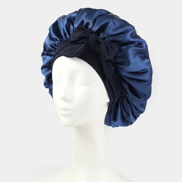 Silk Bonnet For Sleeping Women Satin Bonnet Double Layer Satin Lined Hair Bonnet With Tie Band Curly Hair Navy Blue - Shop at LoveMi