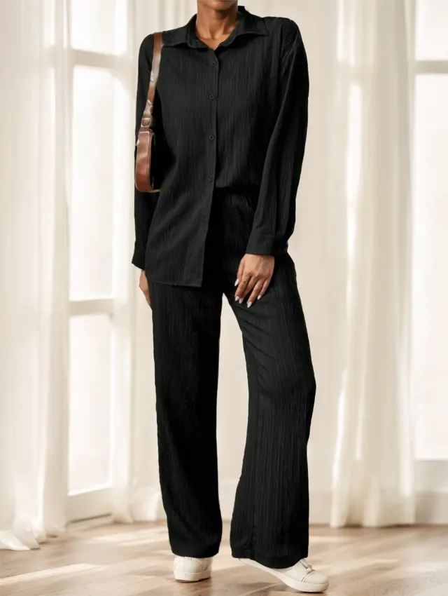 Women Solid Color Long Sleeve Single Breasted Shirt And Pants Black - Shop at LoveMi