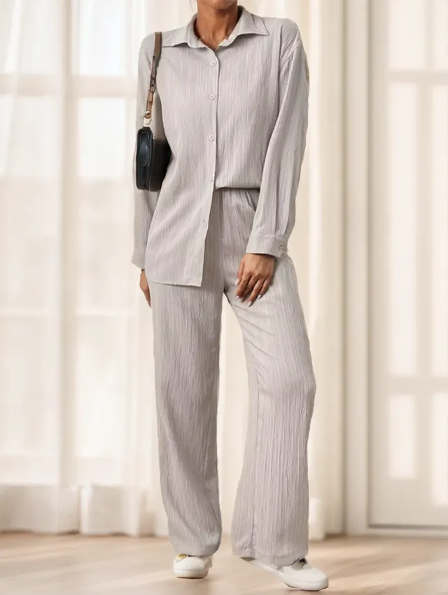 Women Solid Color Long Sleeve Single Breasted Shirt And Pants Khaki - Shop at LoveMi