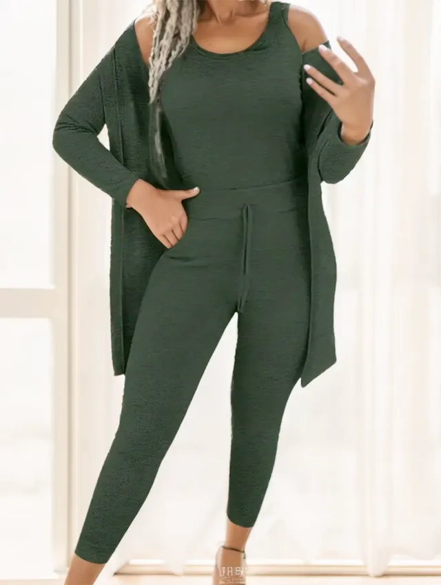 Women Solid Color Long Sleeve Minimalist Jacket Top And Pant Casual Suit Green - Shop at LoveMi