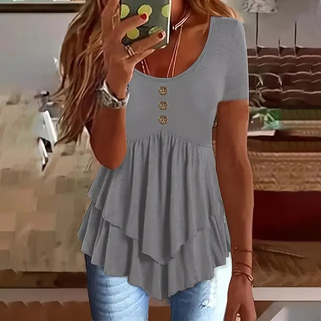 Women's Solid Color Button Front Tunic Top Casual Loose Fit Crew Neck Summer Blouse T Shirt Gray - Shop at LoveMi