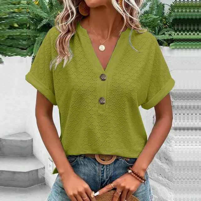 Women's Casual V Neck Blouse Short Sleeve Loose Fit Button Front Solid Color Top Yellow Green - Shop at LoveMi