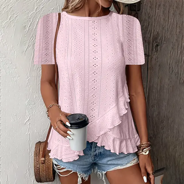 Women's Ruffle Hem Short Sleeve T Shirt Casual Summer Crew Neck Blouses Top Pink - Shop at LoveMi