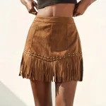 Elegant Vacation Style Women's Suede Fringe Rivet Design Short Skirt - Brown