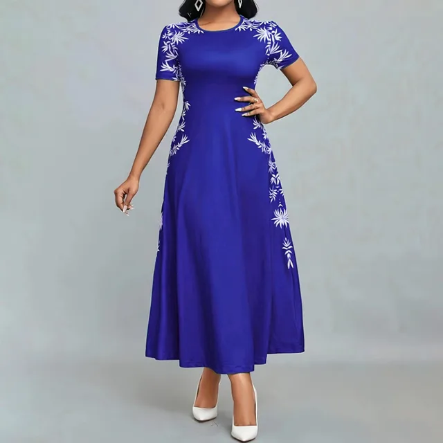 Women's Elegant Short Sleeve Maxi Dresses Casual Empire Waist Long Dress Navy Blue - Shop at LoveMi