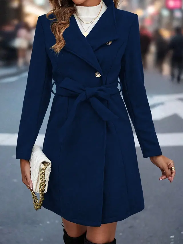 Ladies' Mid length Solid Color Belt Coat, Casual Commuting Elegant Versatile Autumn And Winter Outerwear, Stand Collar Single button Long Sleeve Coat - Shop at LoveMi