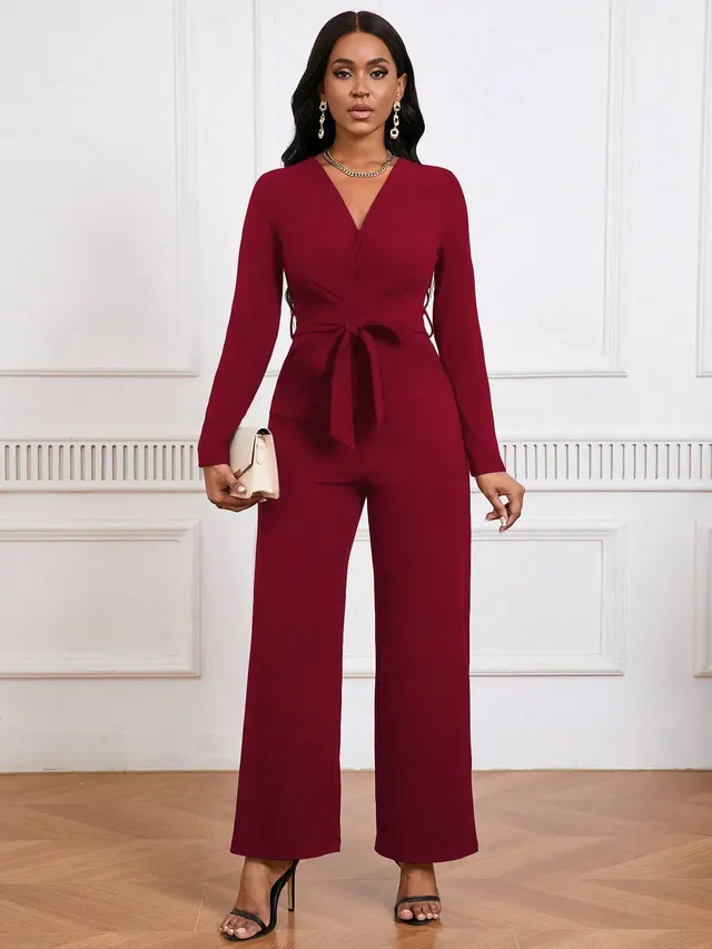 Simple And Stylish, Elegant Commuting Jumpsuit, Long Sleeve Straight Jumpsuit, V neck, Cross Pleated, Tie up Casual Jumpsuit, For Everyday Wear Default - Shop at LoveMi