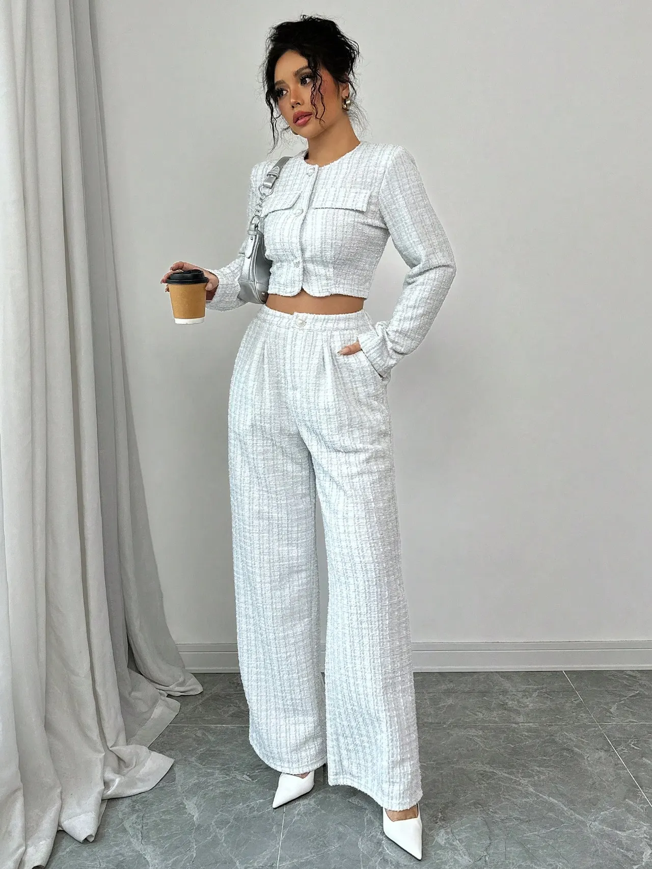Spring And Autumn Long-sleeve Short-pants Suit, Tweed Short Jacket With Pearl Buttons, Elegant Round Neck Pearl Button Textured Jacket And Long Pan...