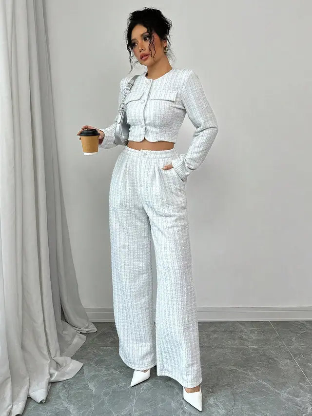 Spring And Autumn Long sleeve Short pants Suit, Tweed Short Jacket With Pearl Buttons, Elegant Round Neck Pearl Button Textured Jacket And Long Pan... - Shop at LoveMi