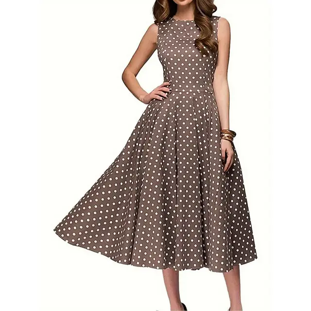 Women's Vintage Polka Dot Sleeveless Dress O Neck Summer Cocktail Party Dress Coffee - Shop at LoveMi