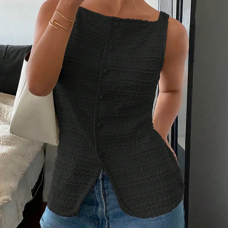 Womens Trendy Square Neck Button Up Vest Top Y2k Going Out Tank Tops Black - Shop at LoveMi