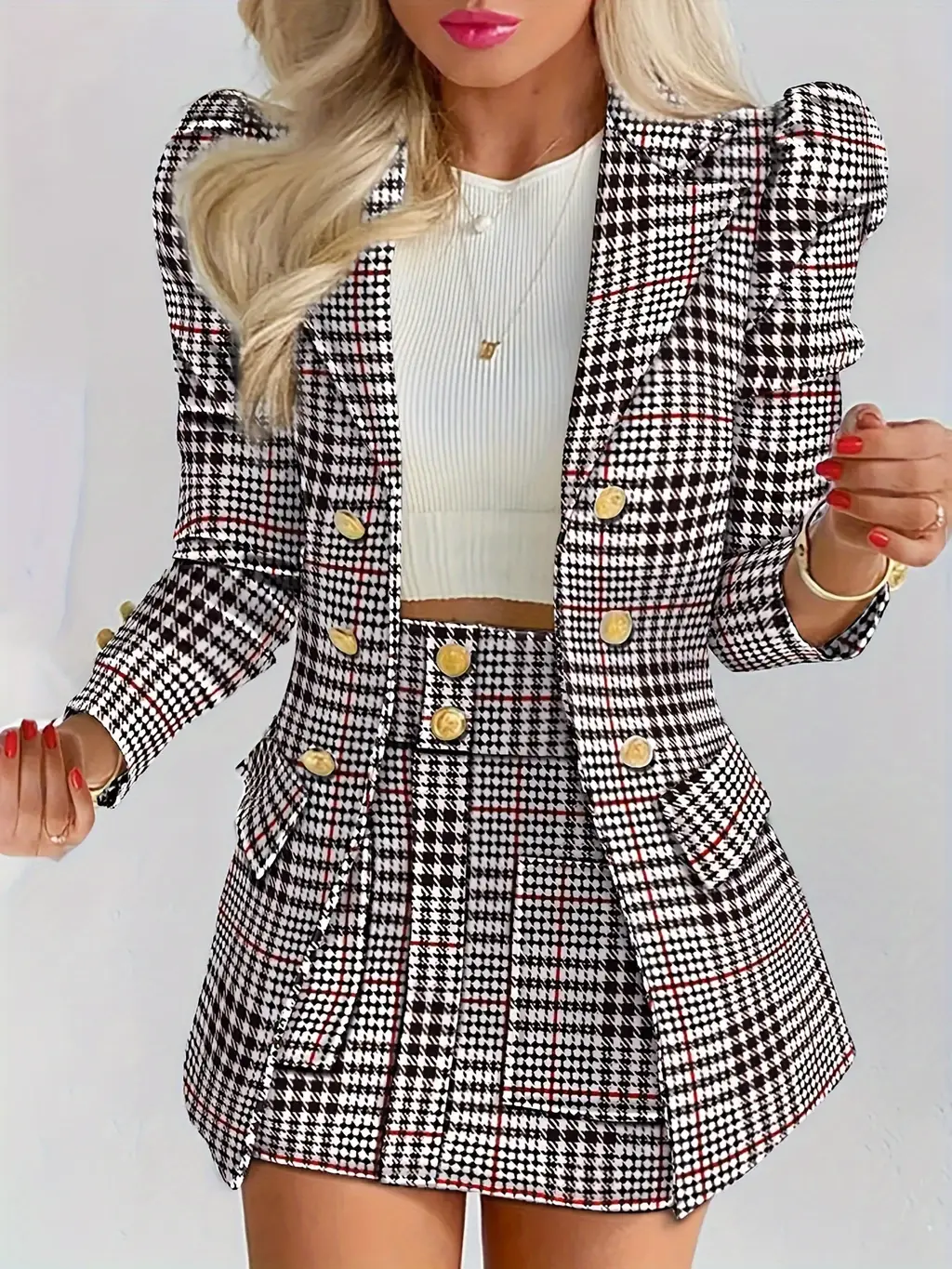Ladies Fashion Casual Slim Suit Two-piece Plus-size Suit, Plaid Pattern Elegant Skirt Suit With Buttons, Lapel Long Sleeve Suit Jacket And High Wai...