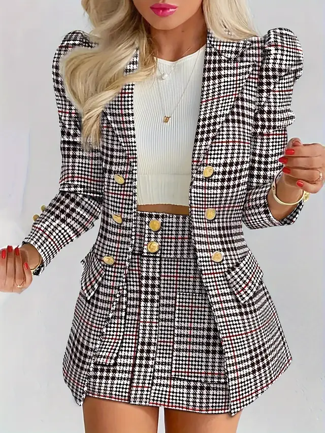 Ladies Fashion Casual Slim Suit Two piece Plus size Suit, Plaid Pattern Elegant Skirt Suit With Buttons, Lapel Long Sleeve Suit Jacket And High Waist Skirt, Plus size Women'S Wear Don't Sell Default - Shop at LoveMi