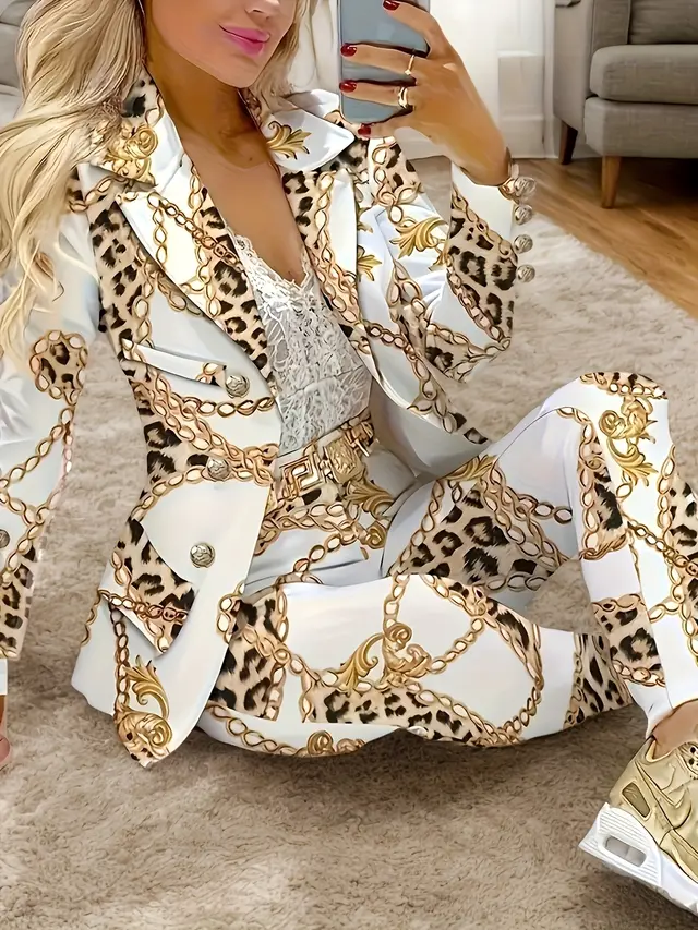 Two Piece Lapel Blazer Set Geometric Print Micro Elastic Fake Buttons Casual Fabric Outfit For Spring Fall Polyester Womens Clothing Does Not Sell Default - Shop at LoveMi