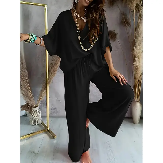 Women's Outfit, Casual Solid Color V Neck Half Sleeve Top And Wide Leg Pants Lounge Set Black - Shop at LoveMi
