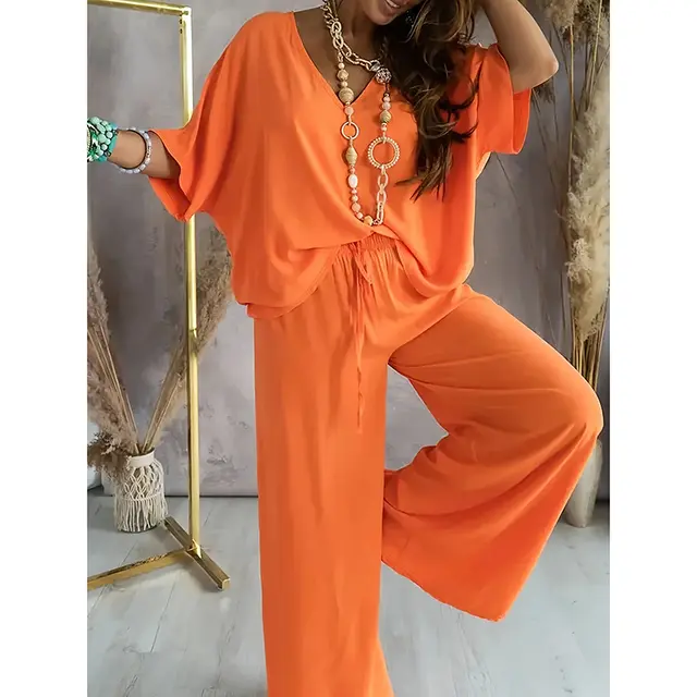 Women's Outfit, Casual Solid Color V Neck Half Sleeve Top And Wide Leg Pants Lounge Set Orange - Shop at LoveMi