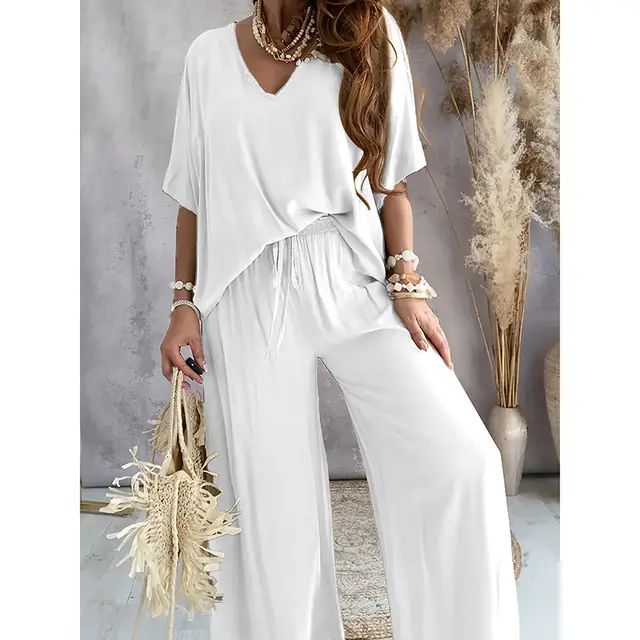 Women's Outfit, Casual Solid Color V Neck Half Sleeve Top And Wide Leg Pants Lounge Set White - Shop at LoveMi