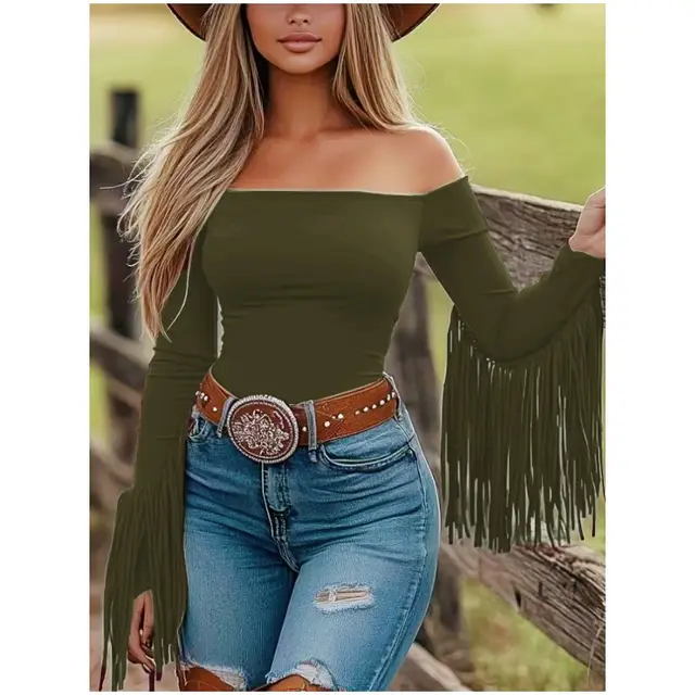 Women's Western Cowgirl Off Shoulder Fringe Top, Sexy Slim Fitted Long Sleeve Tassel Blouse Army Green - Shop at LoveMi