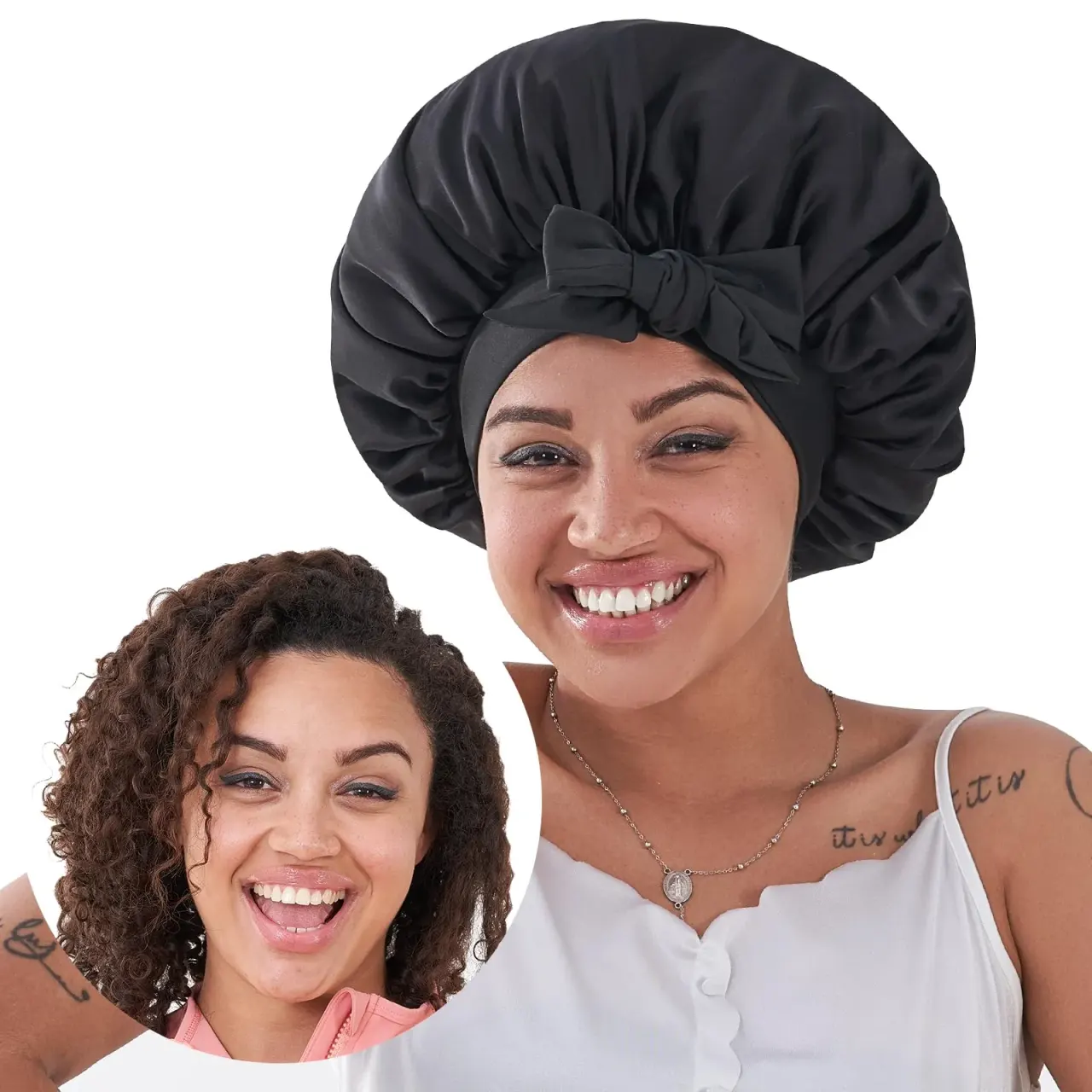 Silk Bonnet For Sleeping Women, Satin Hair Bonnet For Sleeping For Wavy Curly Natural Hair Women Men - Black - Black