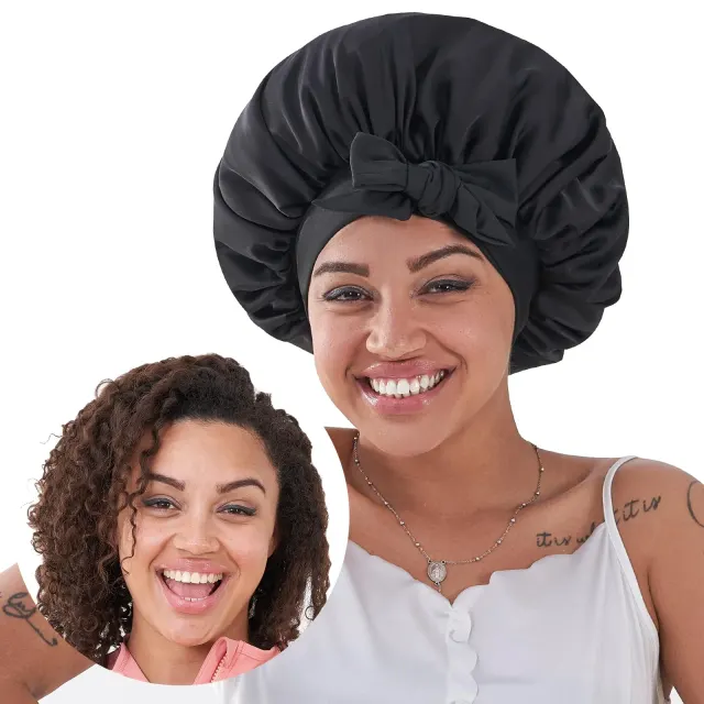 Silk Bonnet For Sleeping Women, Satin Hair Bonnet For Sleeping For Wavy Curly Natural Hair Women Men Black Black - Shop at LoveMi